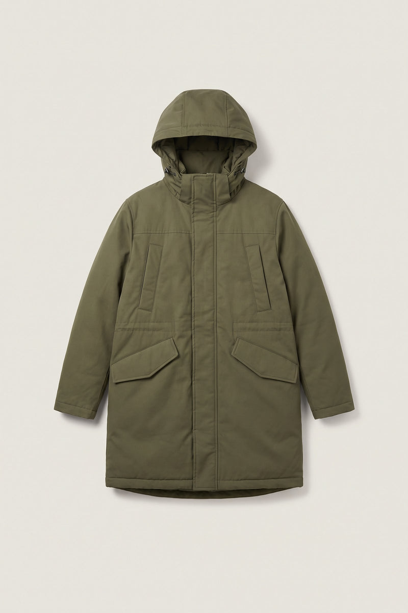 Gustav parka i olivgrön — liggande produktbild