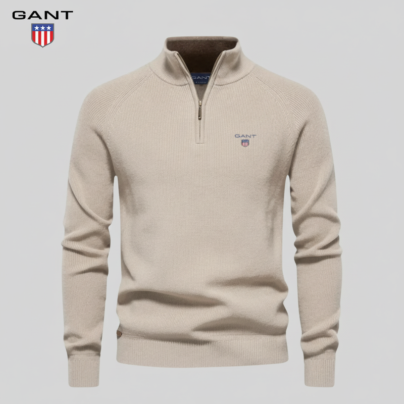 GANT halvlynlåstrøje i beige — hele trøjen forfra