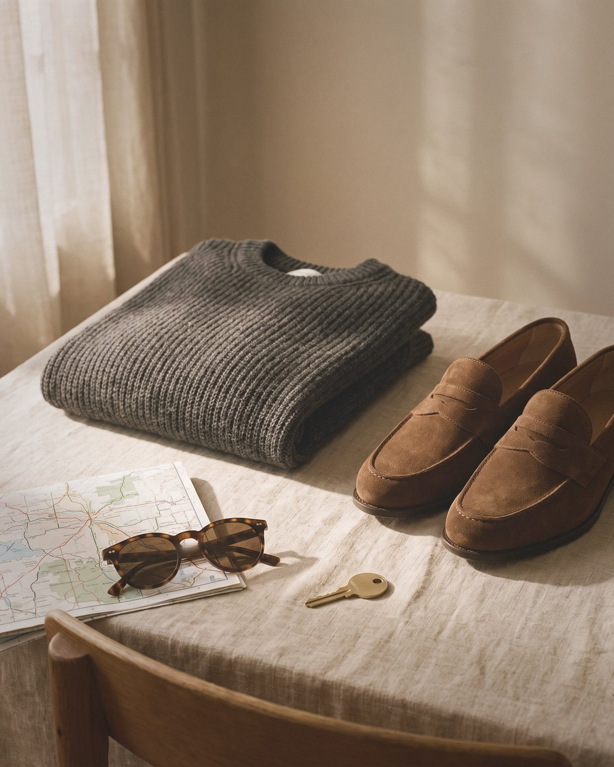 Vikt grå stickad tröja, loafers, solglasögon och karta på ett bord.